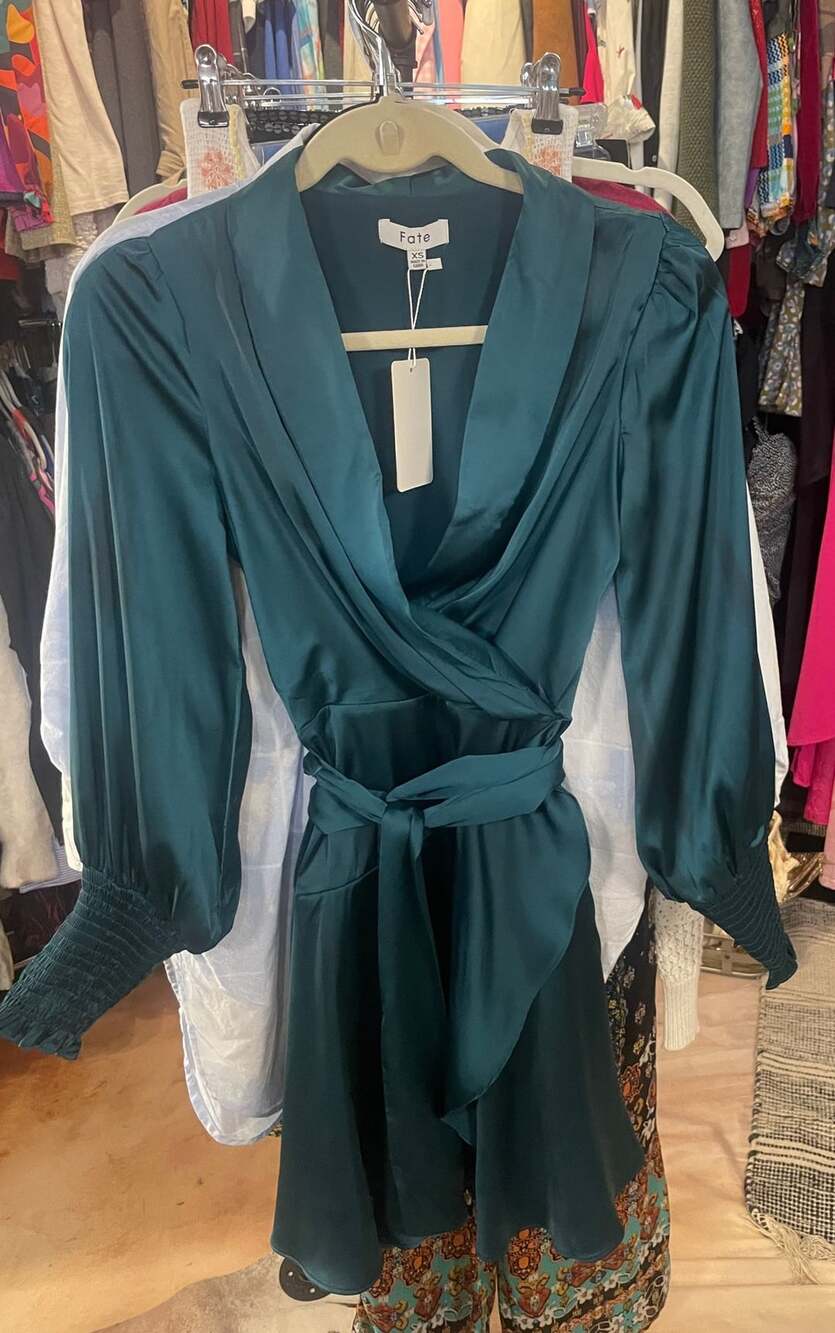 Fate Teal Green Satin Wrap Dress with Long Bishop Sleeves and Waist Tie